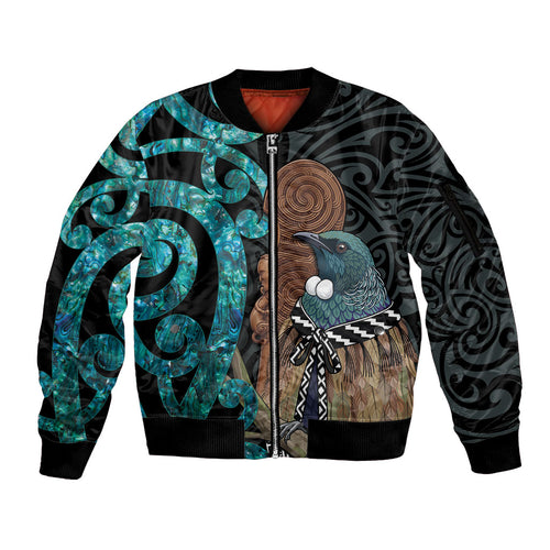 New Zealand Tui Bird Wahaika Sleeve Zip Bomber Jacket Maori Weapon Paua Shell Koru Pattern