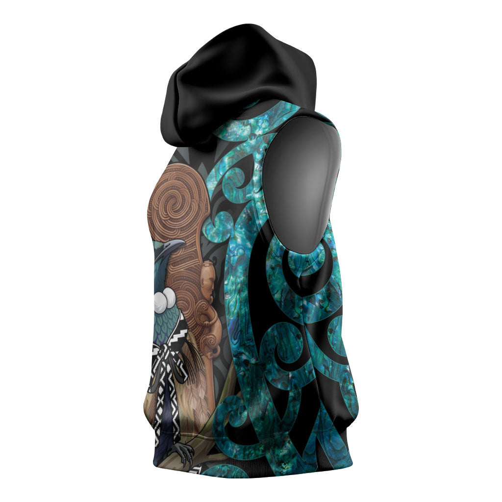 New Zealand Tui Bird Wahaika Sleeveless Hoodie Maori Weapon Paua Shell Koru Pattern
