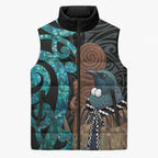 New Zealand Tui Bird Wahaika Sleeveless Puffer Jacket Maori Weapon Paua Shell Koru Pattern