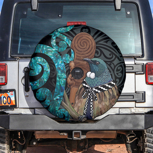 New Zealand Tui Bird Wahaika Spare Tire Cover Maori Weapon Paua Shell Koru Pattern