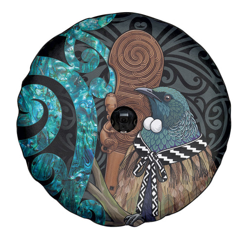 New Zealand Tui Bird Wahaika Spare Tire Cover Maori Weapon Paua Shell Koru Pattern