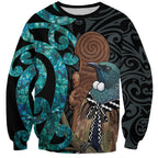 New Zealand Tui Bird Wahaika Sweatshirt Maori Weapon Paua Shell Koru Pattern