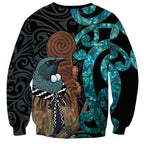 New Zealand Tui Bird Wahaika Sweatshirt Maori Weapon Paua Shell Koru Pattern