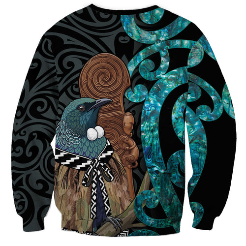 New Zealand Tui Bird Wahaika Sweatshirt Maori Weapon Paua Shell Koru Pattern
