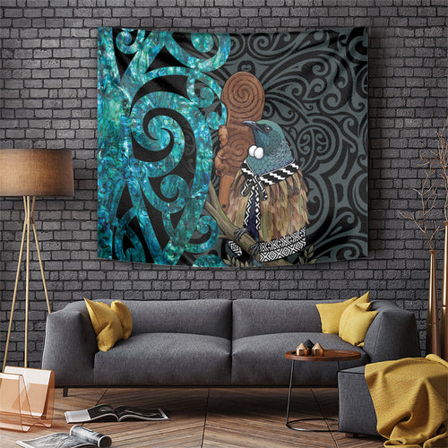 New Zealand Tui Bird Wahaika Tapestry Maori Weapon Paua Shell Koru Pattern