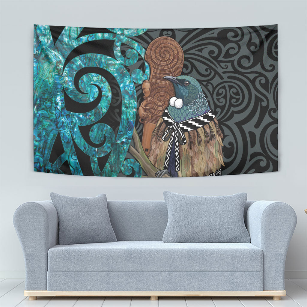 New Zealand Tui Bird Wahaika Tapestry Maori Weapon Paua Shell Koru Pattern