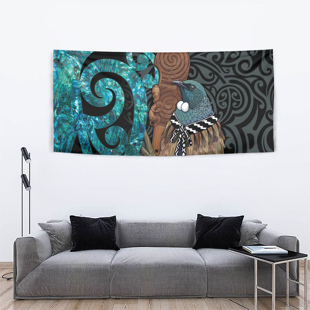 New Zealand Tui Bird Wahaika Tapestry Maori Weapon Paua Shell Koru Pattern