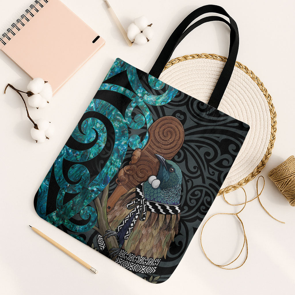 New Zealand Tui Bird Wahaika Tote Bag Maori Weapon Paua Shell Koru Pattern