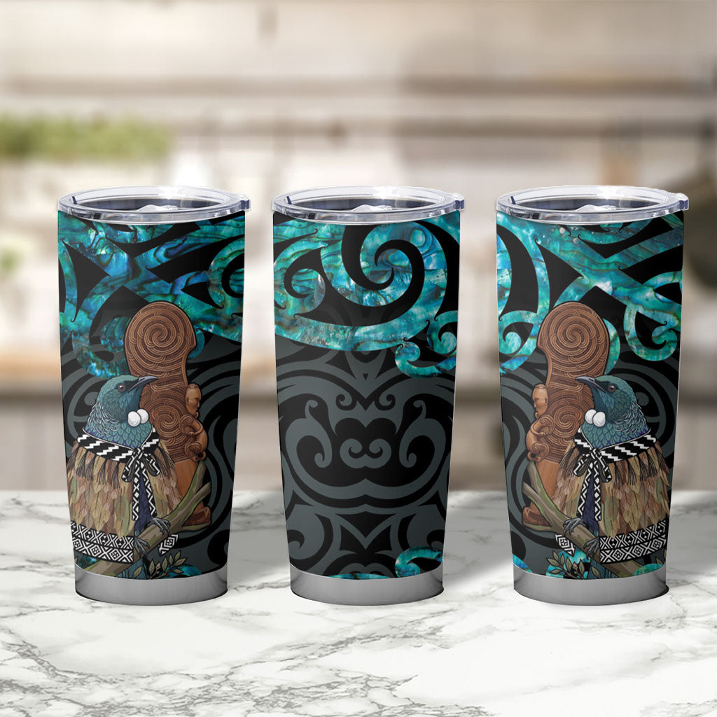 New Zealand Tui Bird Wahaika Tumbler Cup Maori Weapon Paua Shell Koru Pattern
