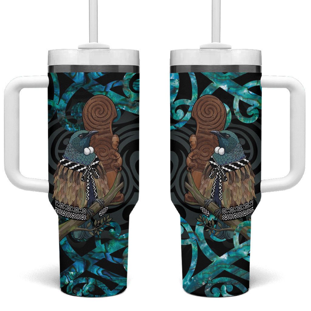 New Zealand Tui Bird Wahaika Tumbler With Handle Maori Weapon Paua Shell Koru Pattern