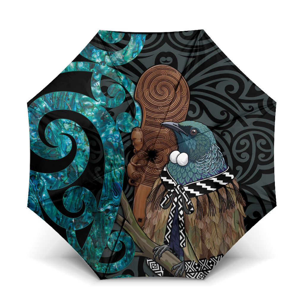 New Zealand Tui Bird Wahaika Umbrella Maori Weapon Paua Shell Koru Pattern