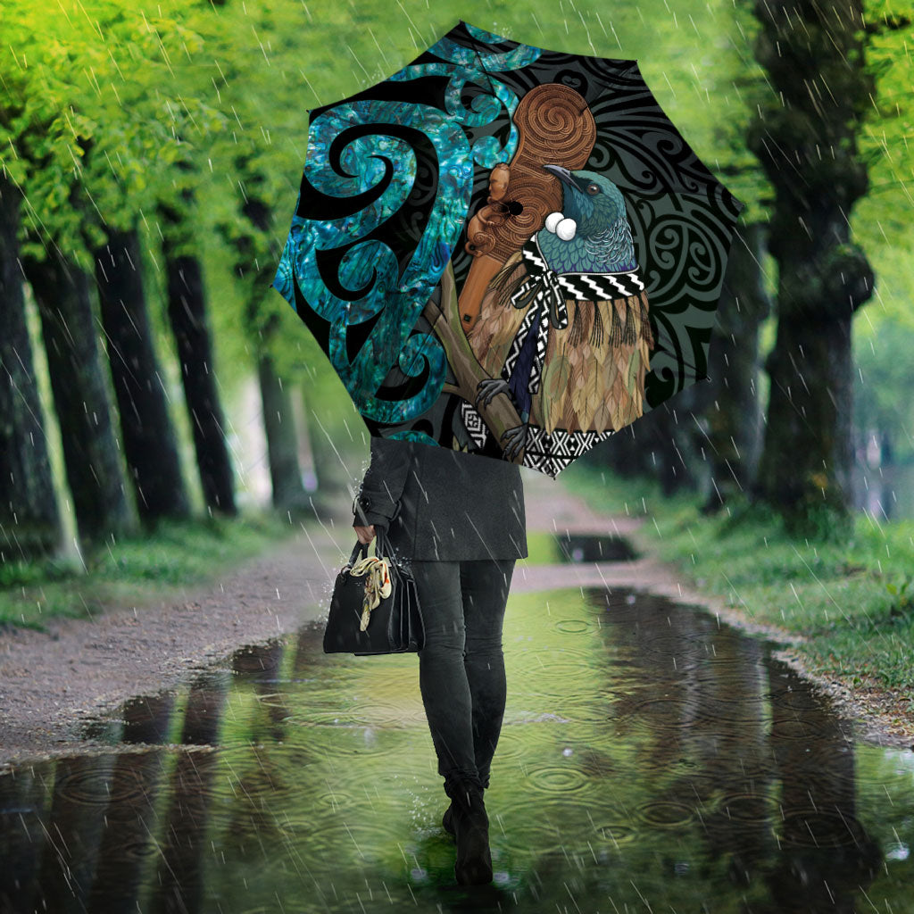 New Zealand Tui Bird Wahaika Umbrella Maori Weapon Paua Shell Koru Pattern