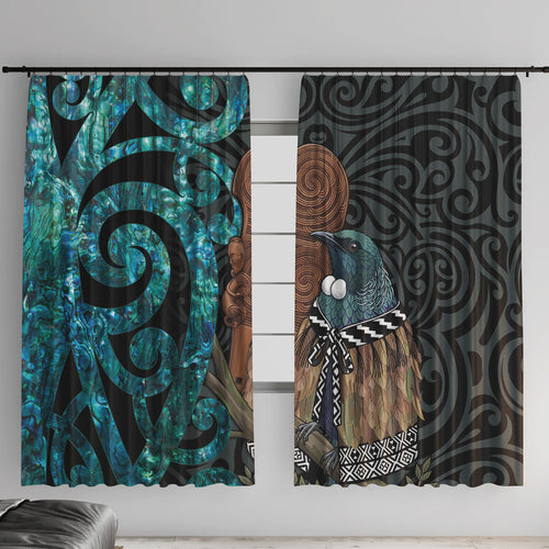 New Zealand Tui Bird Wahaika Window Curtain Maori Weapon Paua Shell Koru Pattern