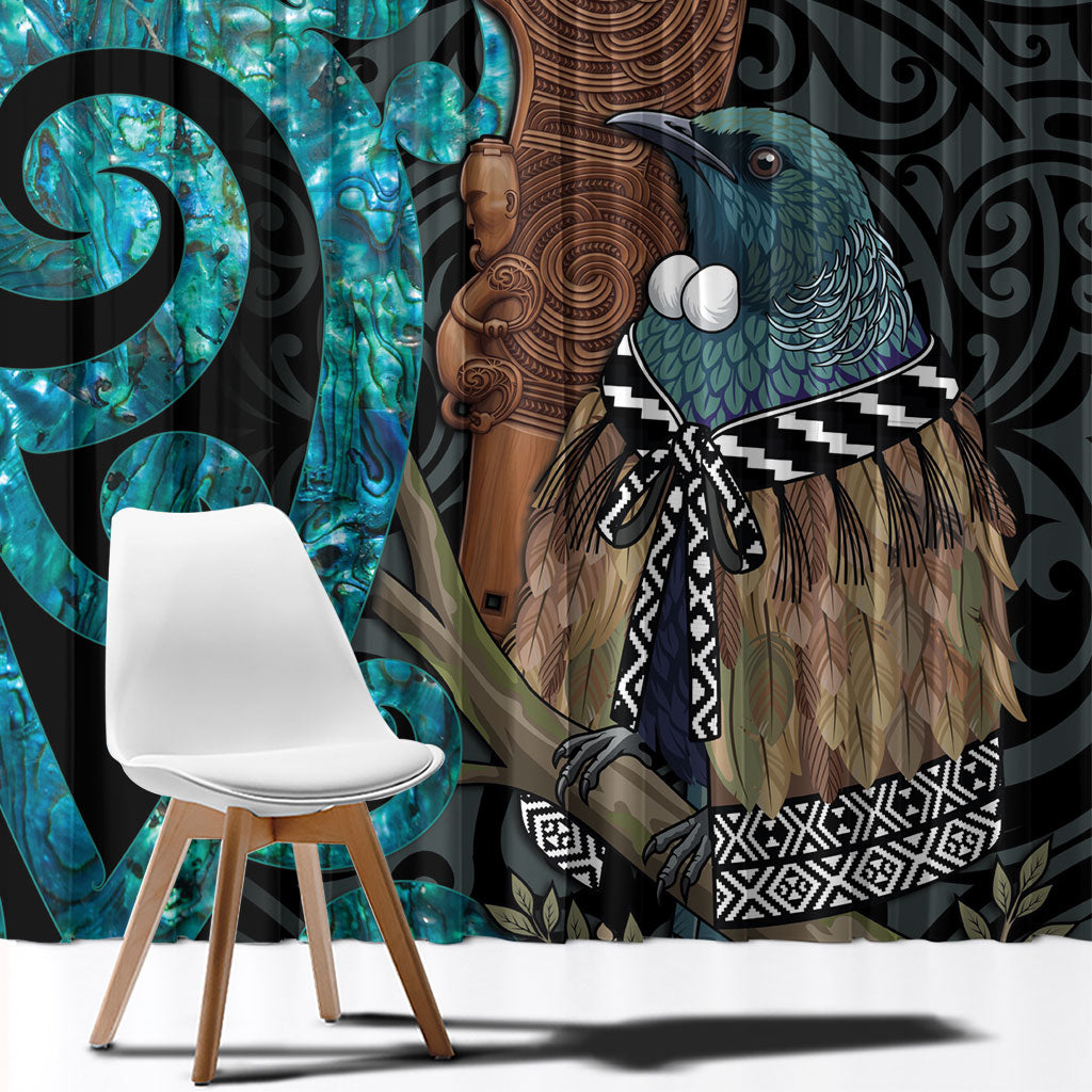 New Zealand Tui Bird Wahaika Window Curtain Maori Weapon Paua Shell Koru Pattern