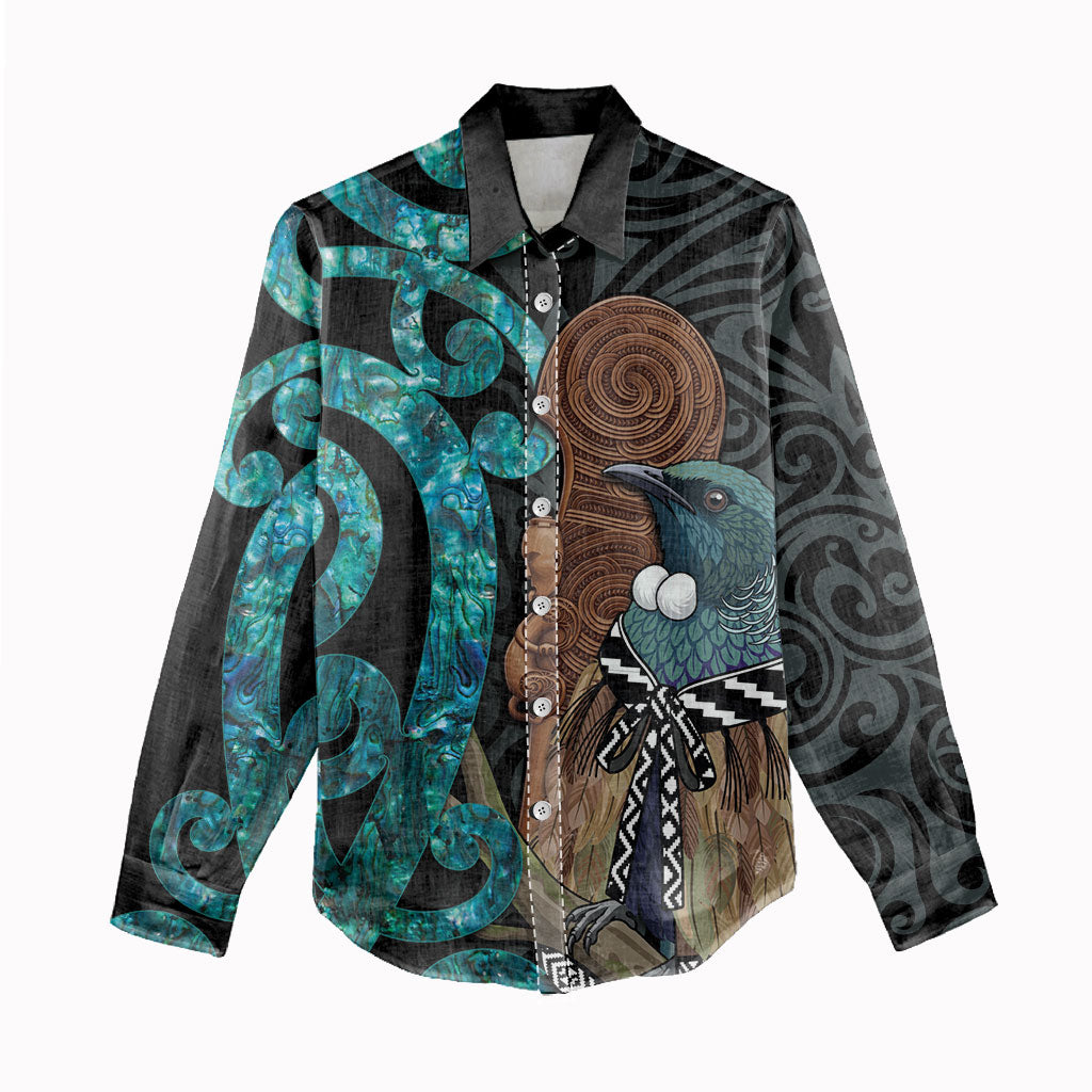 New Zealand Tui Bird Wahaika Women Casual Shirt Maori Weapon Paua Shell Koru Pattern