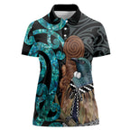 New Zealand Tui Bird Wahaika Women Polo Shirt Maori Weapon Paua Shell Koru Pattern