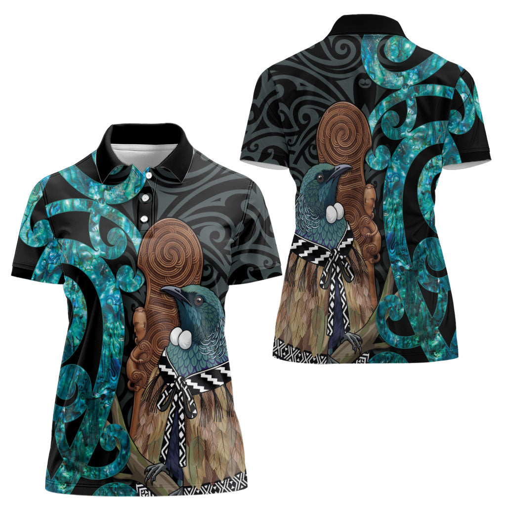 New Zealand Tui Bird Wahaika Women Polo Shirt Maori Weapon Paua Shell Koru Pattern