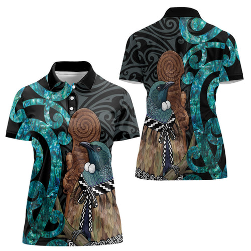 New Zealand Tui Bird Wahaika Women Polo Shirt Maori Weapon Paua Shell Koru Pattern