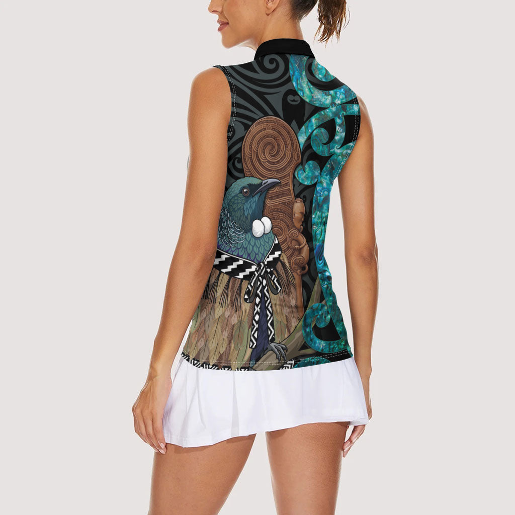 New Zealand Tui Bird Wahaika Women Sleeveless Polo Shirt Maori Weapon Paua Shell Koru Pattern