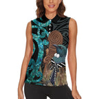 New Zealand Tui Bird Wahaika Women Sleeveless Polo Shirt Maori Weapon Paua Shell Koru Pattern