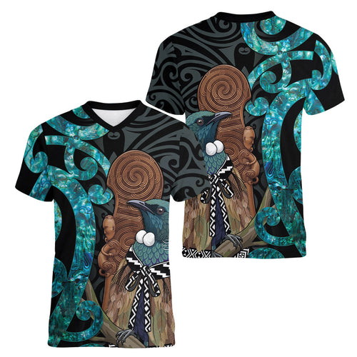 New Zealand Tui Bird Wahaika Women V-Neck T-Shirt Maori Weapon Paua Shell Koru Pattern