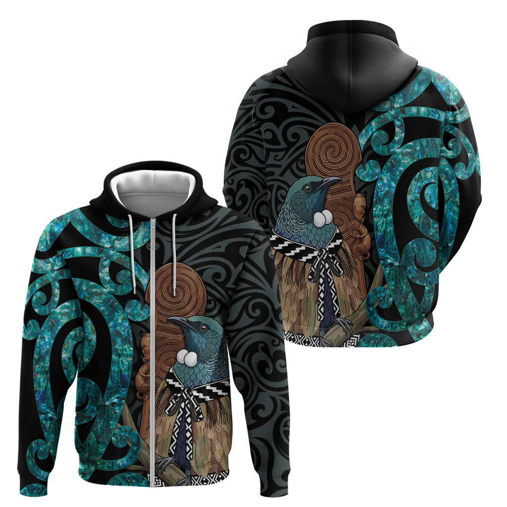 New Zealand Tui Bird Wahaika Zip Hoodie Maori Weapon Paua Shell Koru Pattern