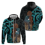 New Zealand Tui Bird Wahaika Zip Hoodie Maori Weapon Paua Shell Koru Pattern