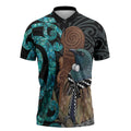 New Zealand Tui Bird Wahaika Zipper Polo Shirt Maori Weapon Paua Shell Koru Pattern