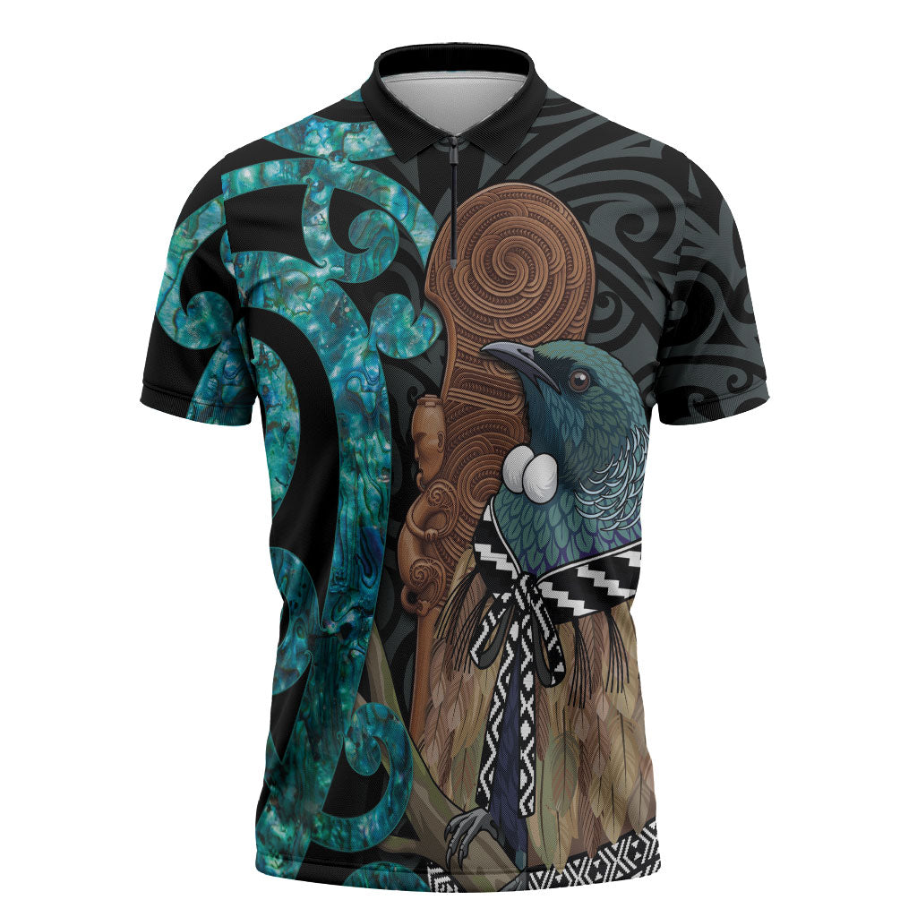 New Zealand Tui Bird Wahaika Zipper Polo Shirt Maori Weapon Paua Shell Koru Pattern