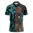 New Zealand Tui Bird Wahaika Zipper Polo Shirt Maori Weapon Paua Shell Koru Pattern