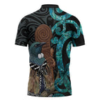 New Zealand Tui Bird Wahaika Zipper Polo Shirt Maori Weapon Paua Shell Koru Pattern