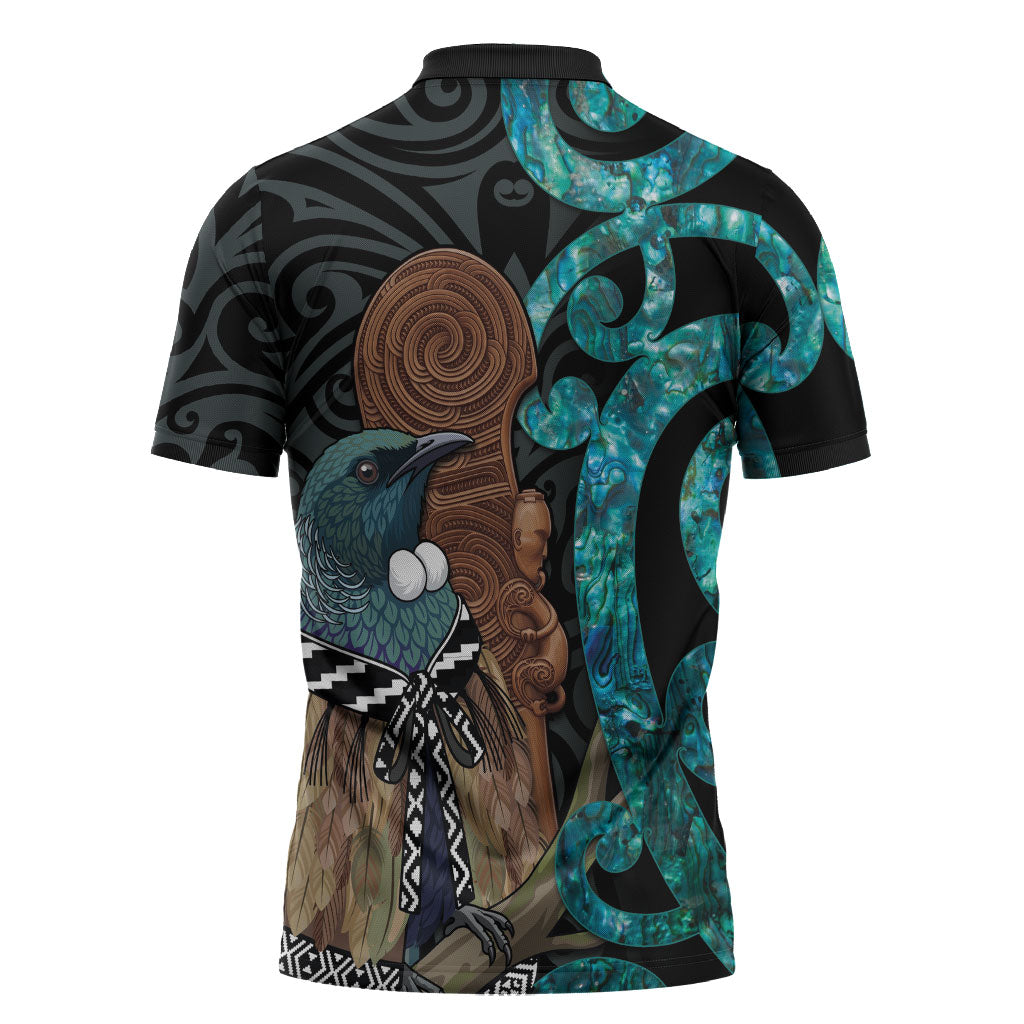 New Zealand Tui Bird Wahaika Zipper Polo Shirt Maori Weapon Paua Shell Koru Pattern