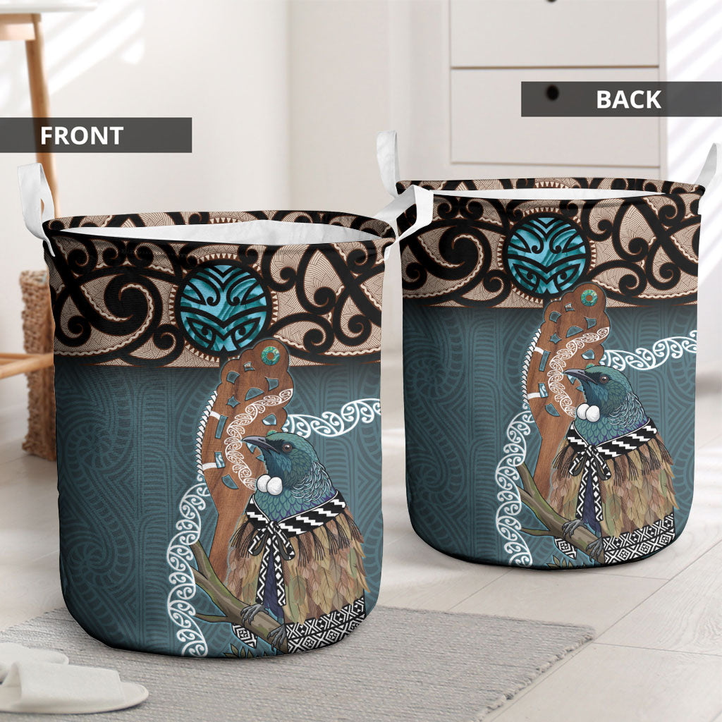 New Zealand Tui Bird Maripi Laundry Basket Maori Weapon Kowhaiwhai Pattern