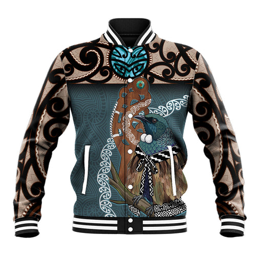 New Zealand Tui Bird Maripi Baseball Jacket Maori Weapon Kowhaiwhai Pattern