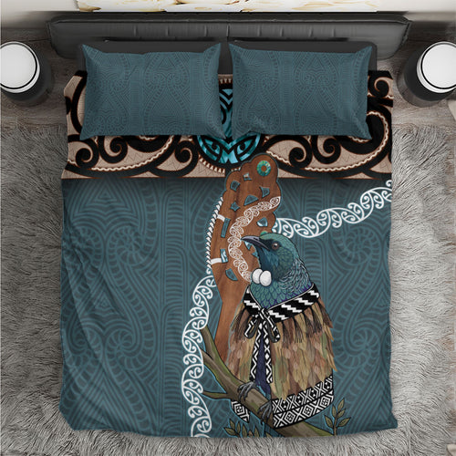 New Zealand Tui Bird Maripi Bedding Set Maori Weapon Kowhaiwhai Pattern