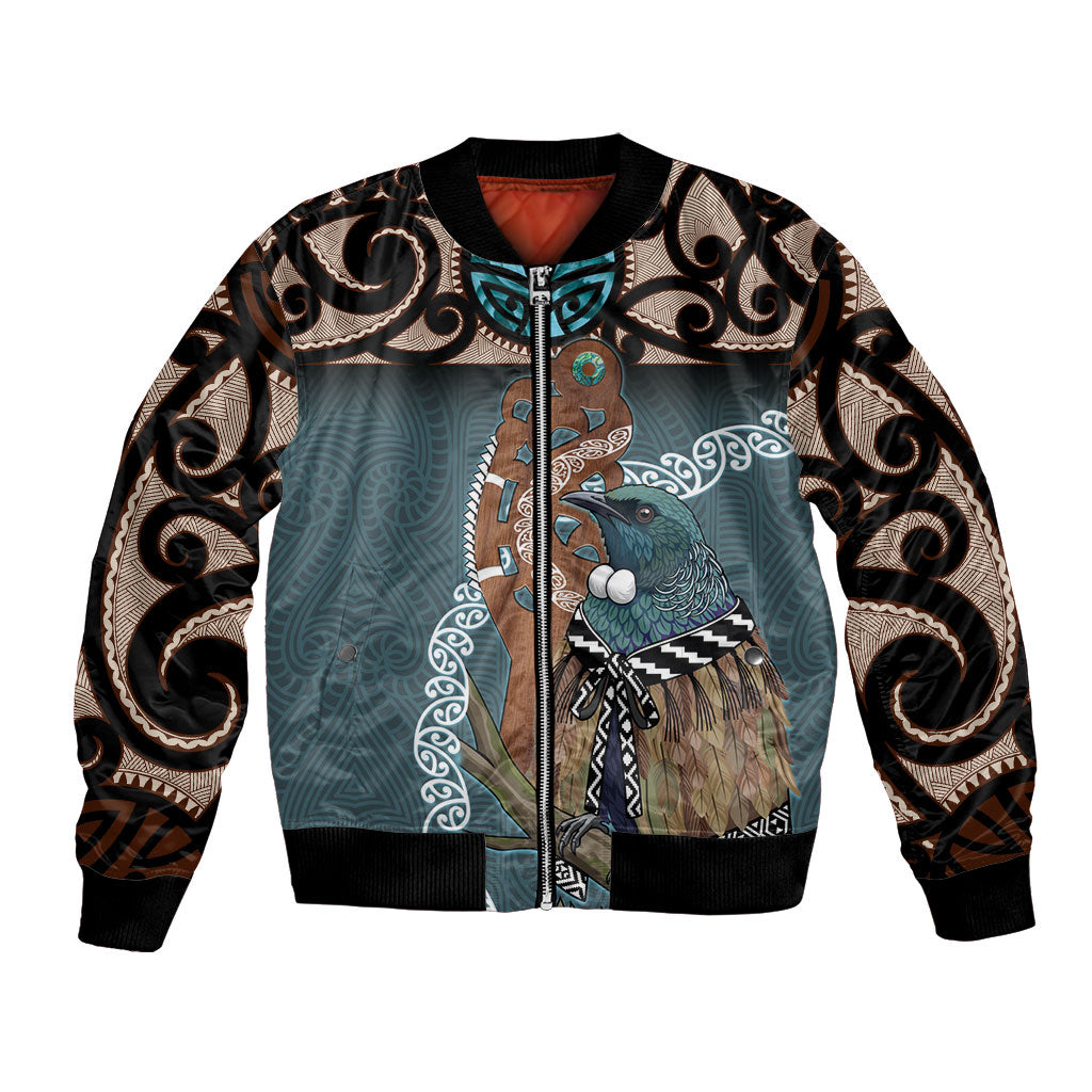 New Zealand Tui Bird Maripi Bomber Jacket Maori Weapon Kowhaiwhai Pattern