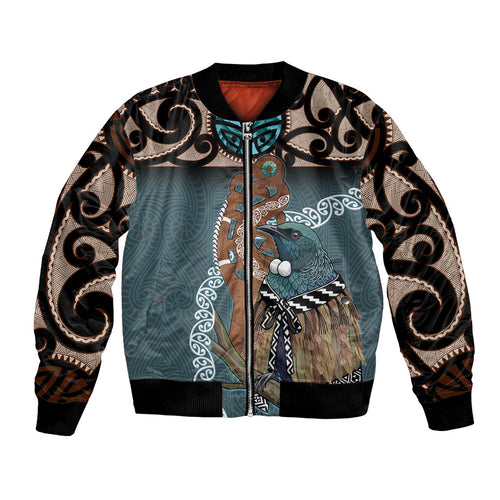New Zealand Tui Bird Maripi Bomber Jacket Maori Weapon Kowhaiwhai Pattern