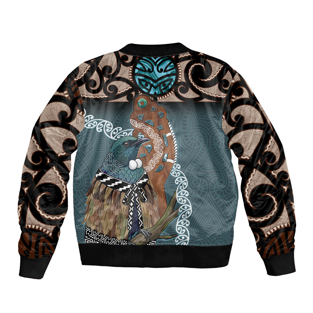 New Zealand Tui Bird Maripi Bomber Jacket Maori Weapon Kowhaiwhai Pattern