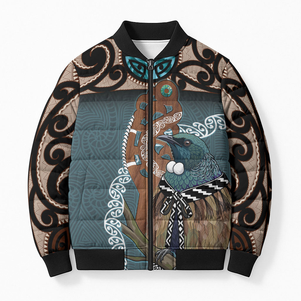 New Zealand Tui Bird Maripi Bomber Puffer Jacket Maori Weapon Kowhaiwhai Pattern