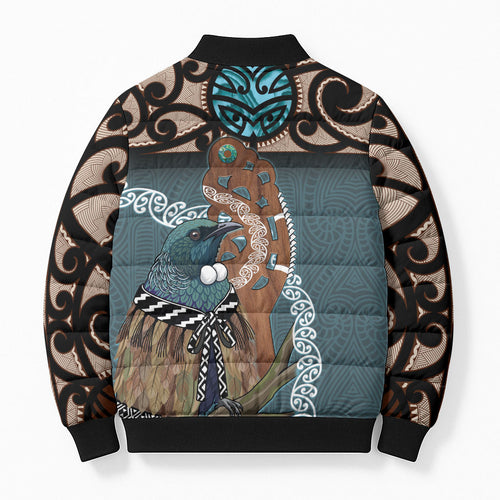 New Zealand Tui Bird Maripi Bomber Puffer Jacket Maori Weapon Kowhaiwhai Pattern