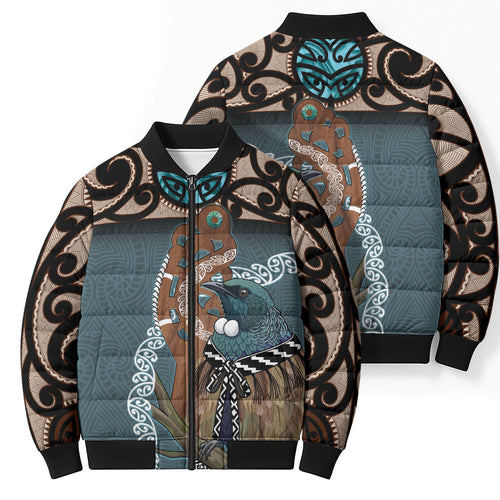 New Zealand Tui Bird Maripi Bomber Puffer Jacket Maori Weapon Kowhaiwhai Pattern