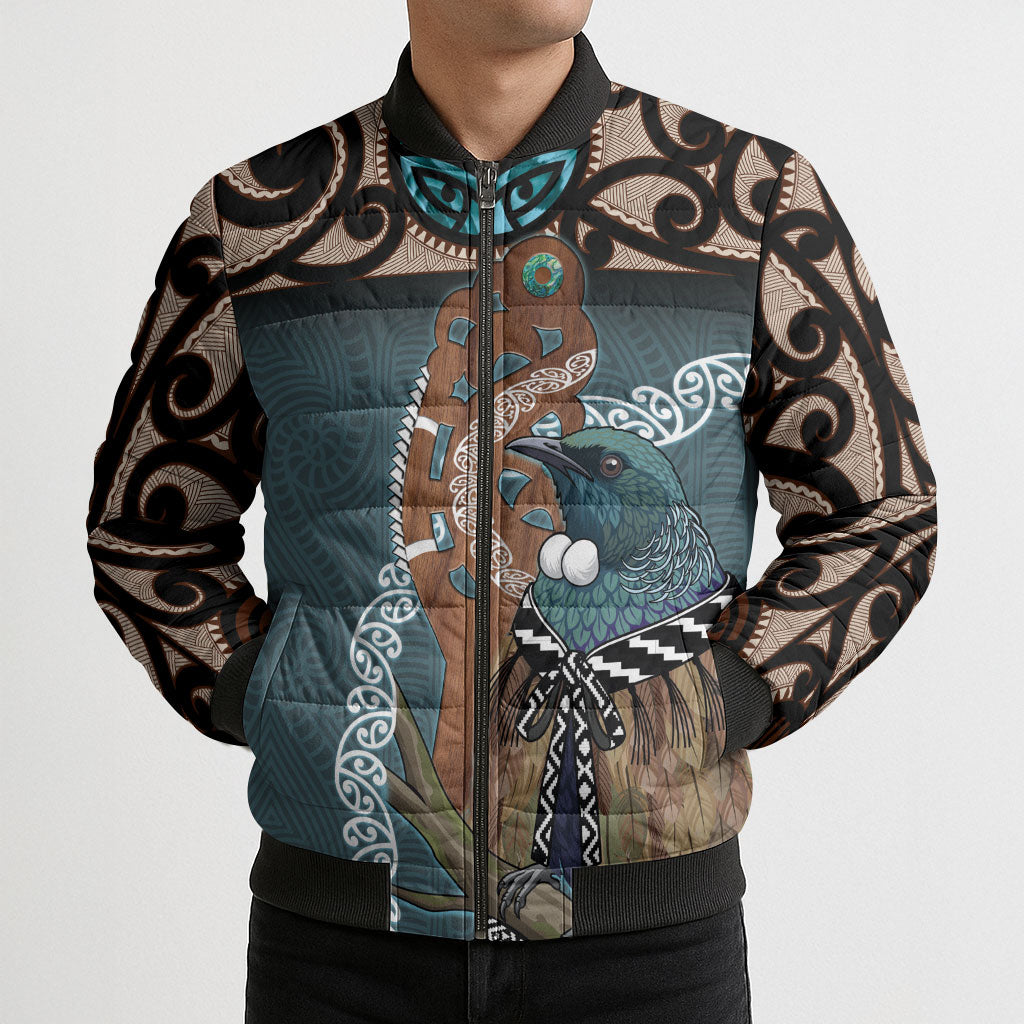 New Zealand Tui Bird Maripi Bomber Puffer Jacket Maori Weapon Kowhaiwhai Pattern
