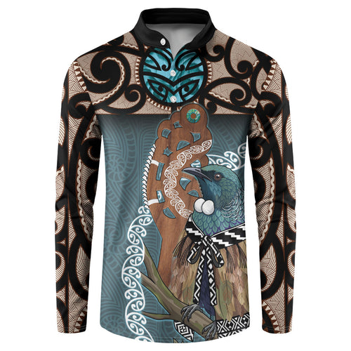 New Zealand Tui Bird Maripi Button Sweatshirt Maori Weapon Kowhaiwhai Pattern
