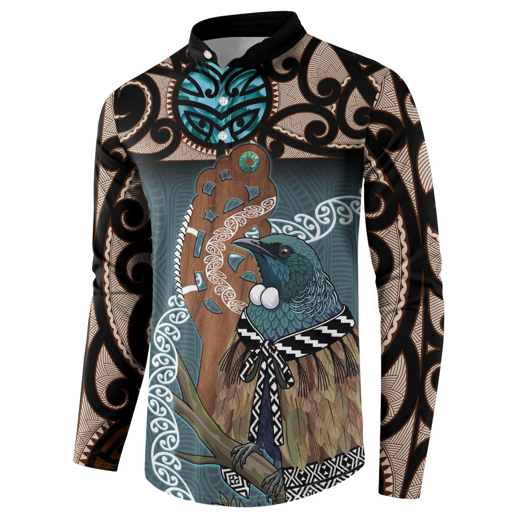 New Zealand Tui Bird Maripi Button Sweatshirt Maori Weapon Kowhaiwhai Pattern