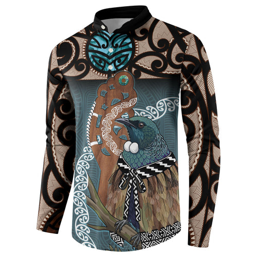New Zealand Tui Bird Maripi Button Sweatshirt Maori Weapon Kowhaiwhai Pattern