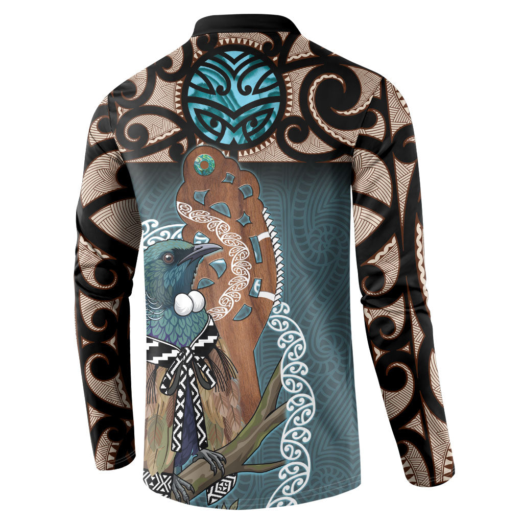 New Zealand Tui Bird Maripi Button Sweatshirt Maori Weapon Kowhaiwhai Pattern