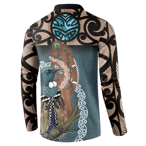 New Zealand Tui Bird Maripi Button Sweatshirt Maori Weapon Kowhaiwhai Pattern