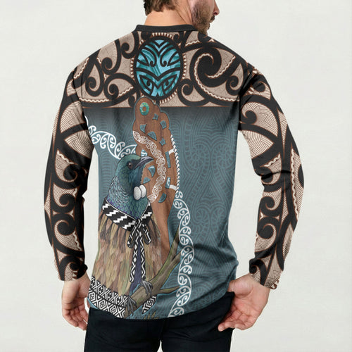 New Zealand Tui Bird Maripi Button Sweatshirt Maori Weapon Kowhaiwhai Pattern