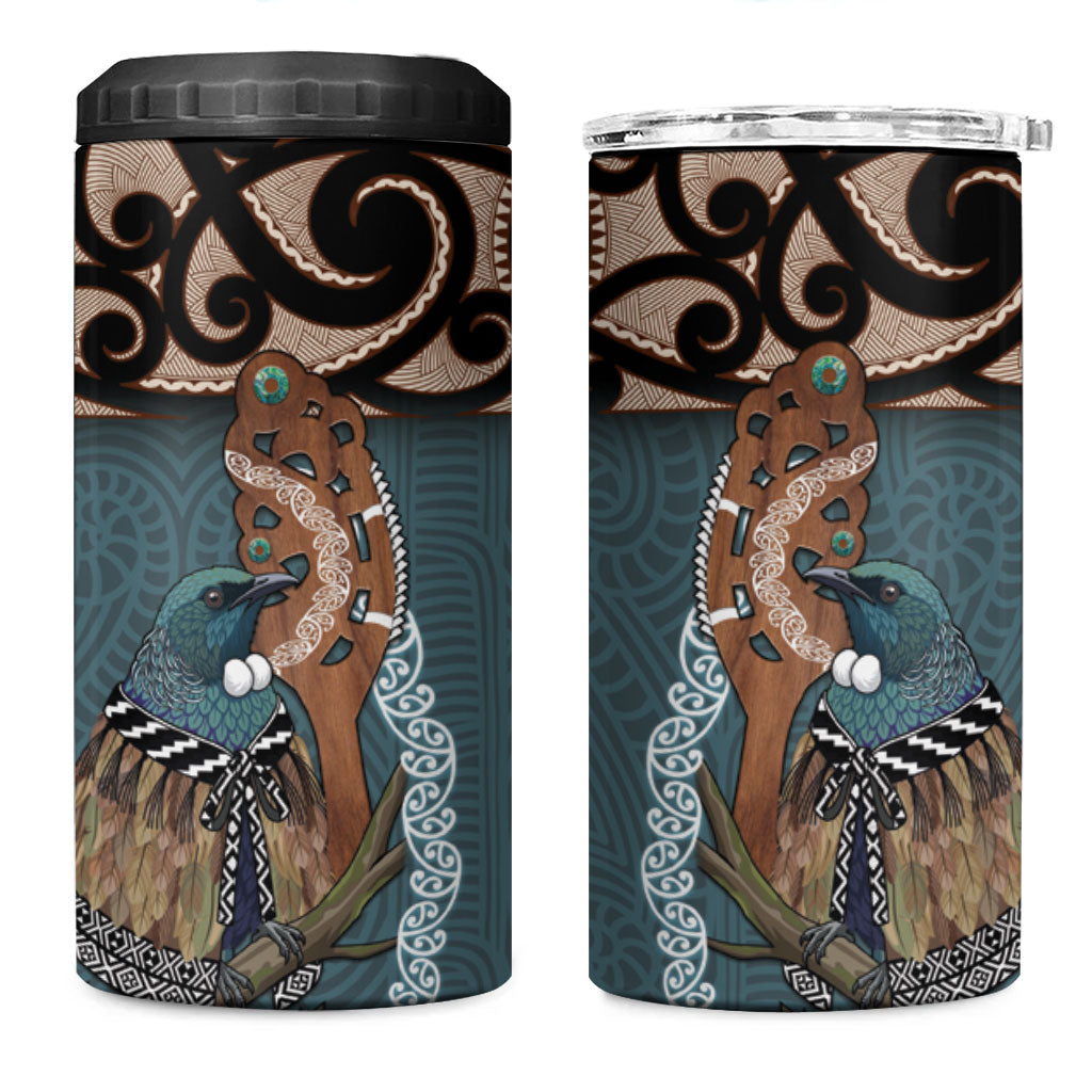 New Zealand Tui Bird Maripi 4 in 1 Can Cooler Tumbler Maori Weapon Kowhaiwhai Pattern