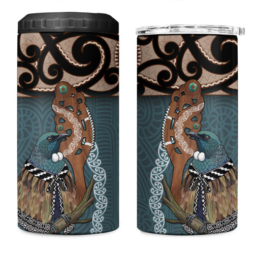 New Zealand Tui Bird Maripi 4 in 1 Can Cooler Tumbler Maori Weapon Kowhaiwhai Pattern